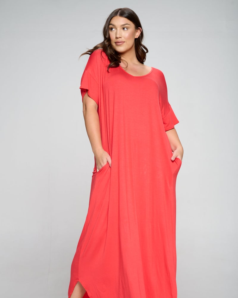 Front of a model wearing a size 3X Scarlett Maxi Dress in Coral Dk by L I V D. | dia_product_style_image_id:241654